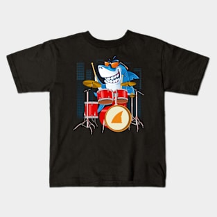 Shark Playing Drums Drum Set Funny Drummer Kids T-Shirt